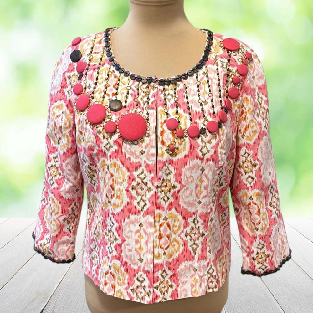 New Vintage JUST B Embellished Jacket Ikat Beaded 3/4 Sleeve Statement Size M